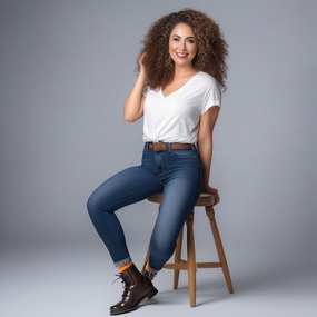 欧美时尚白色T恤牛仔裤美女写真图片